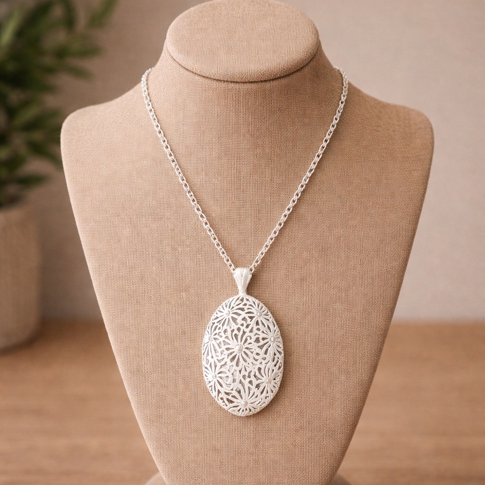 Monet Oval Pendant White Enamel Chain Vintage Necklace Statement Swirl